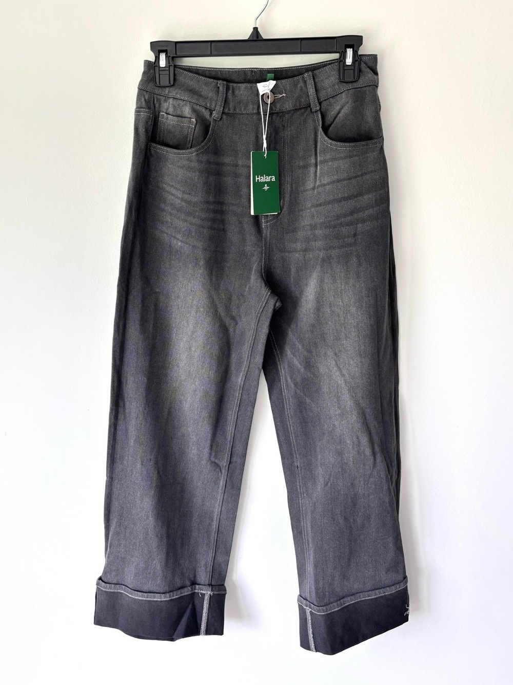 Halara High Waisted Wide Leg Jeans Faded Black Wash Cuffed Hem Baggy Loose Fit